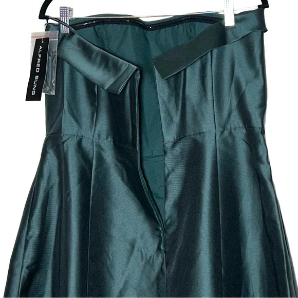 NWT Alfred Sung Hunter Green Strapless Bias Cuff Bodice Satin Gown, Pockets, 14R - Picture 9 of 15